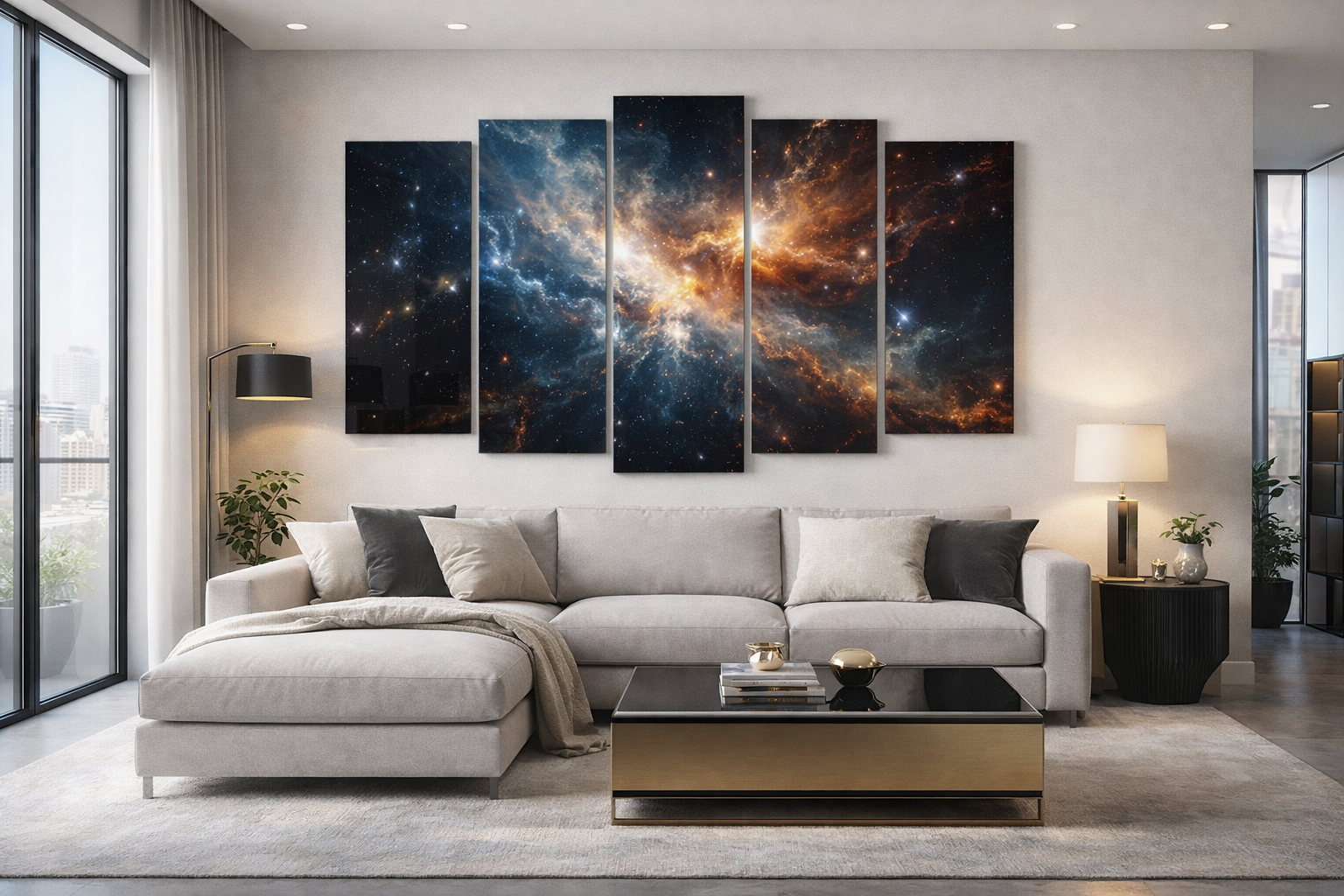 modern salonda büyük ölçekli tablo ile 2026 ev dekorasyon trendi