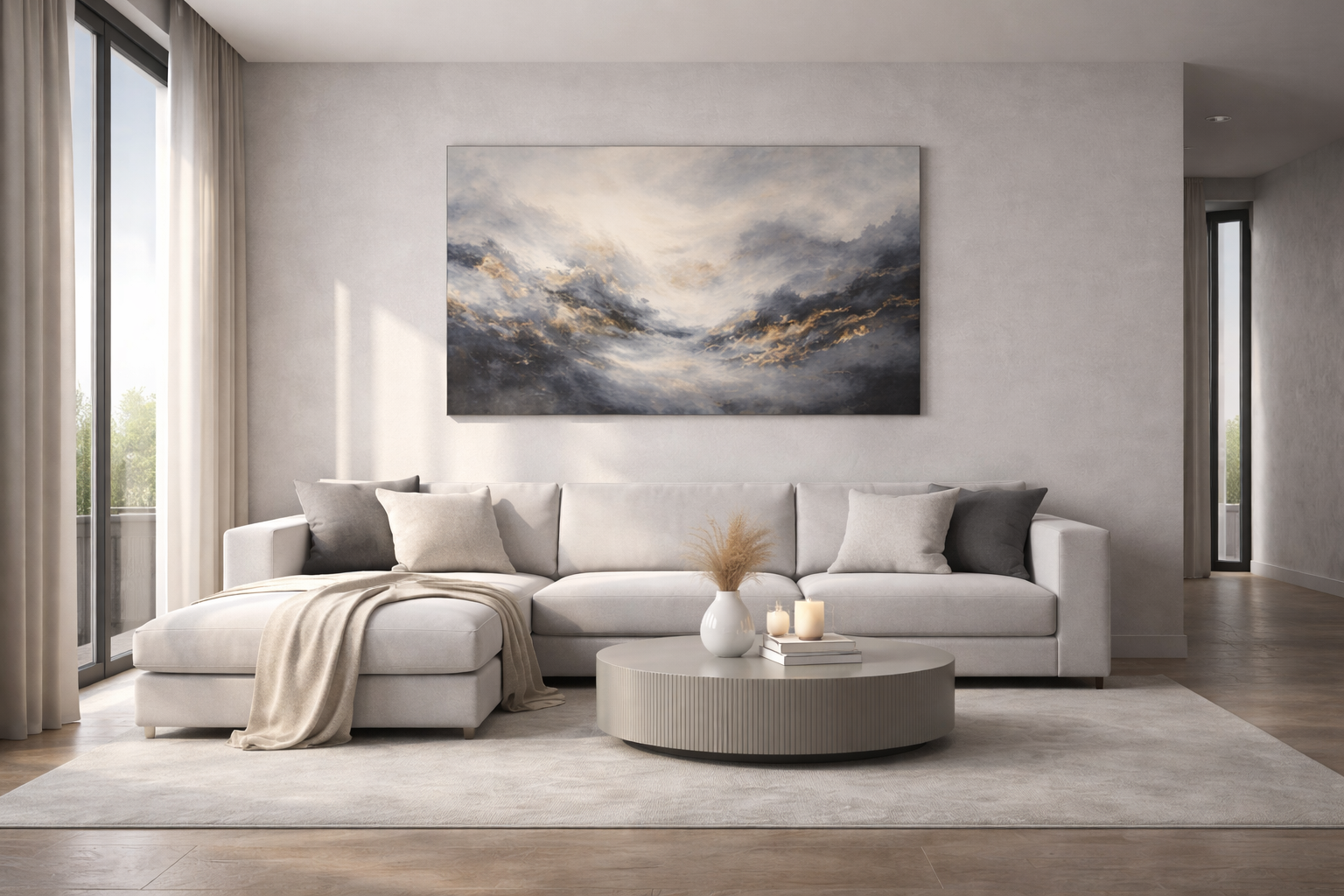 Modern ve sade tasarlanmış bir salonda büyük soyut tablo ile premium 2026 ev dekorasyonu örneği