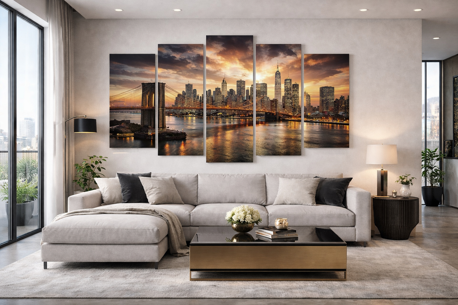 5 parçalı şehir manzarası tablo ile modern salon dekorasyonu