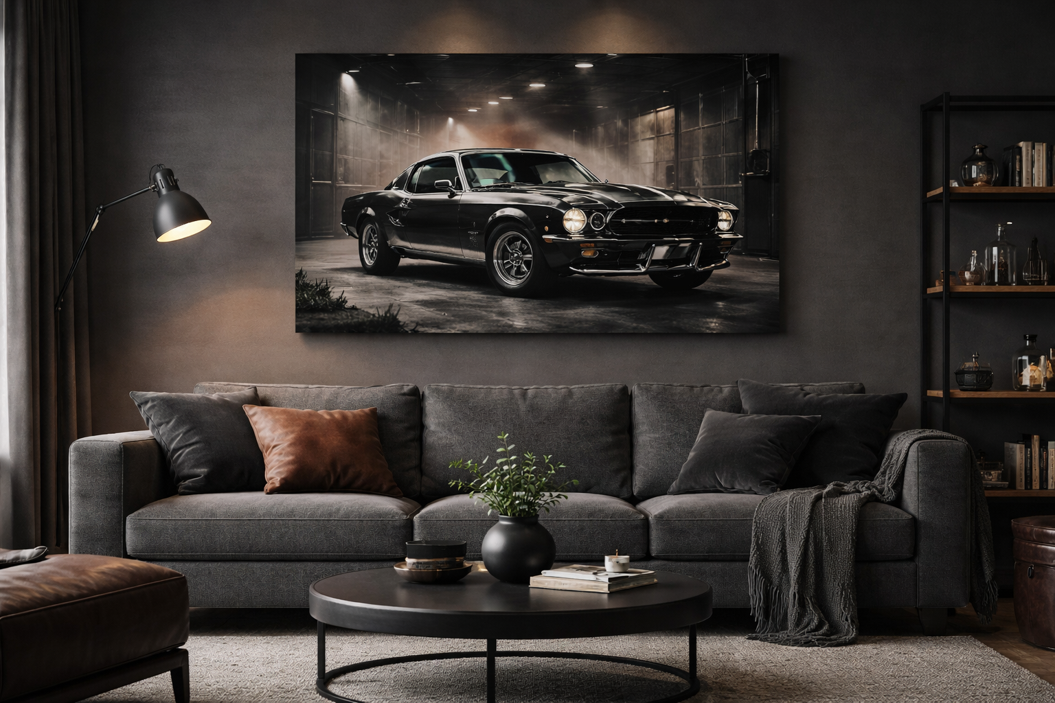 maskülen salon dekorasyonunda klasik araba tablosu