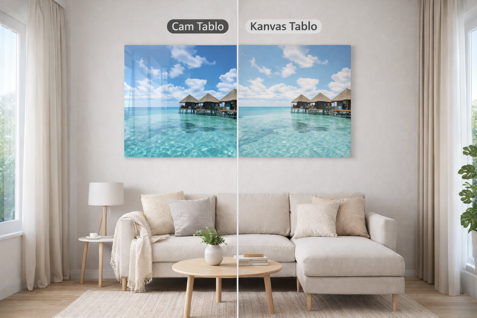 cam tablo ve kanvas tablo karşılaştırması modern salon duvarı