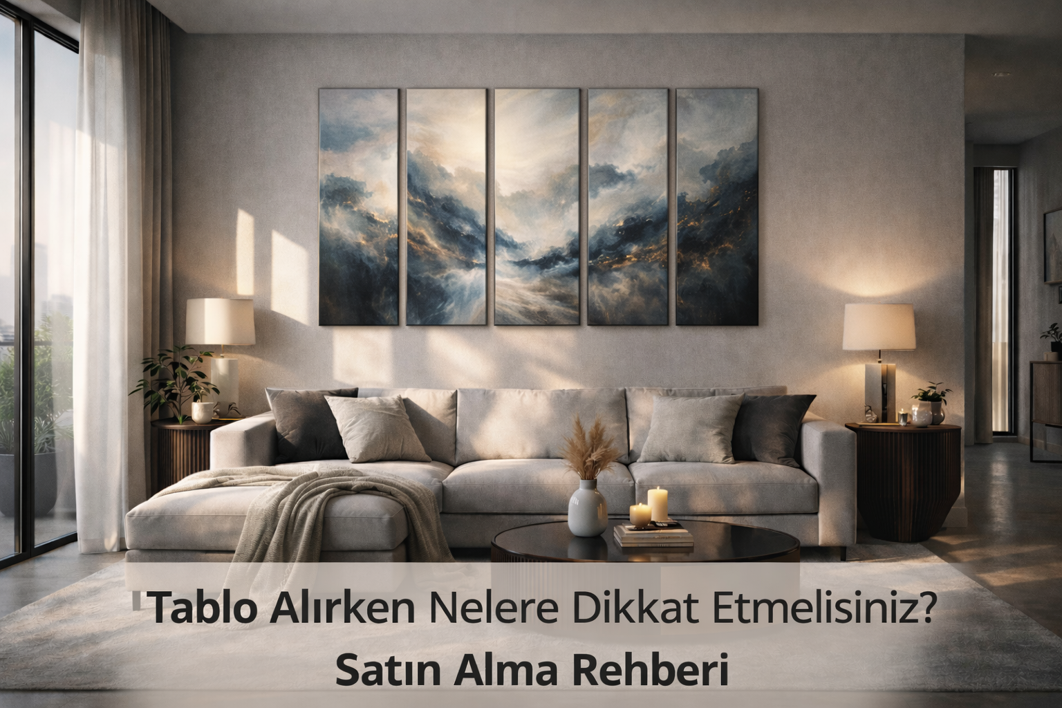 modern salonda 5 parçalı soyut tablo ile doğru tablo seçimi örneği