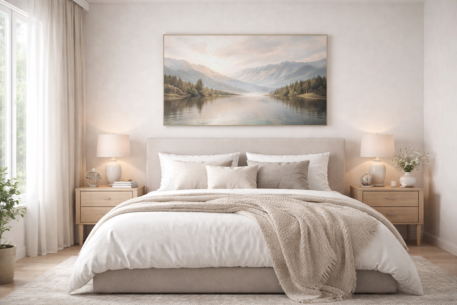 modern yatak odasında başlık üzerinde soft tonlu manzara tablosu dekorasyonu