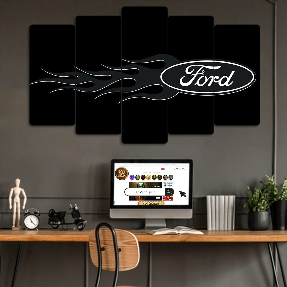 Ford Logo Alev Desenli - 5 Parçalı Araba Tablo