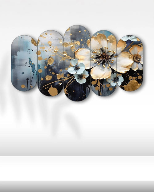 Altın Detaylı Çiçek Sanatı - 5 Parçalı Tablo