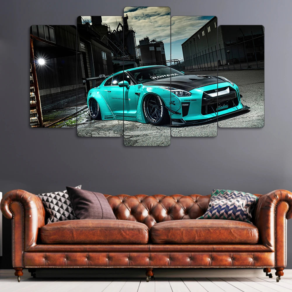 Turkuaz Nissan GT-R R35 - 5 Parçalı Araba Tablo