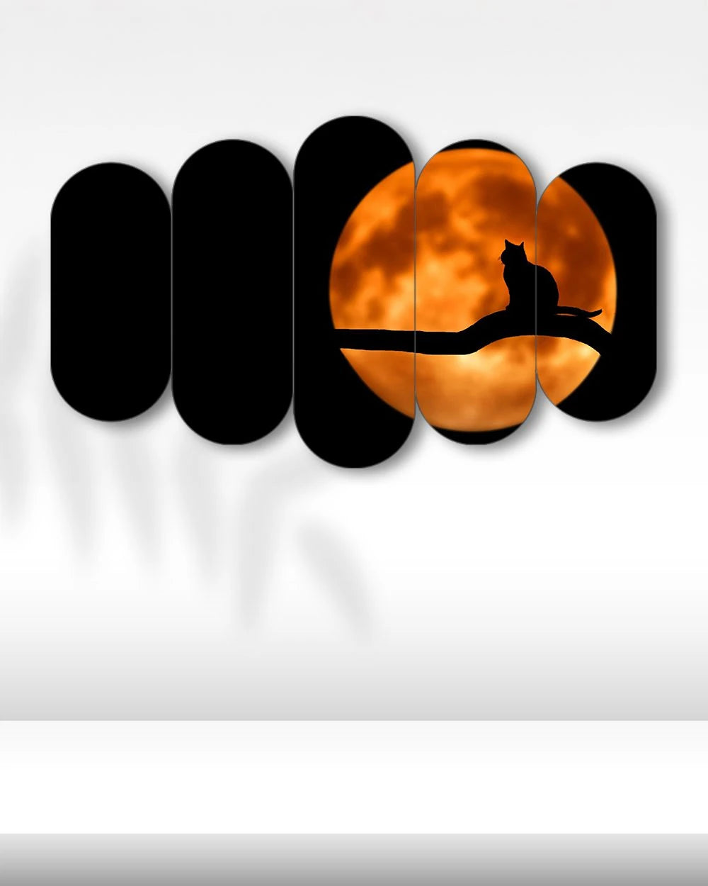 Dolunay ve Ağaç Dalında Kedi - 5 Parçalı Tablo