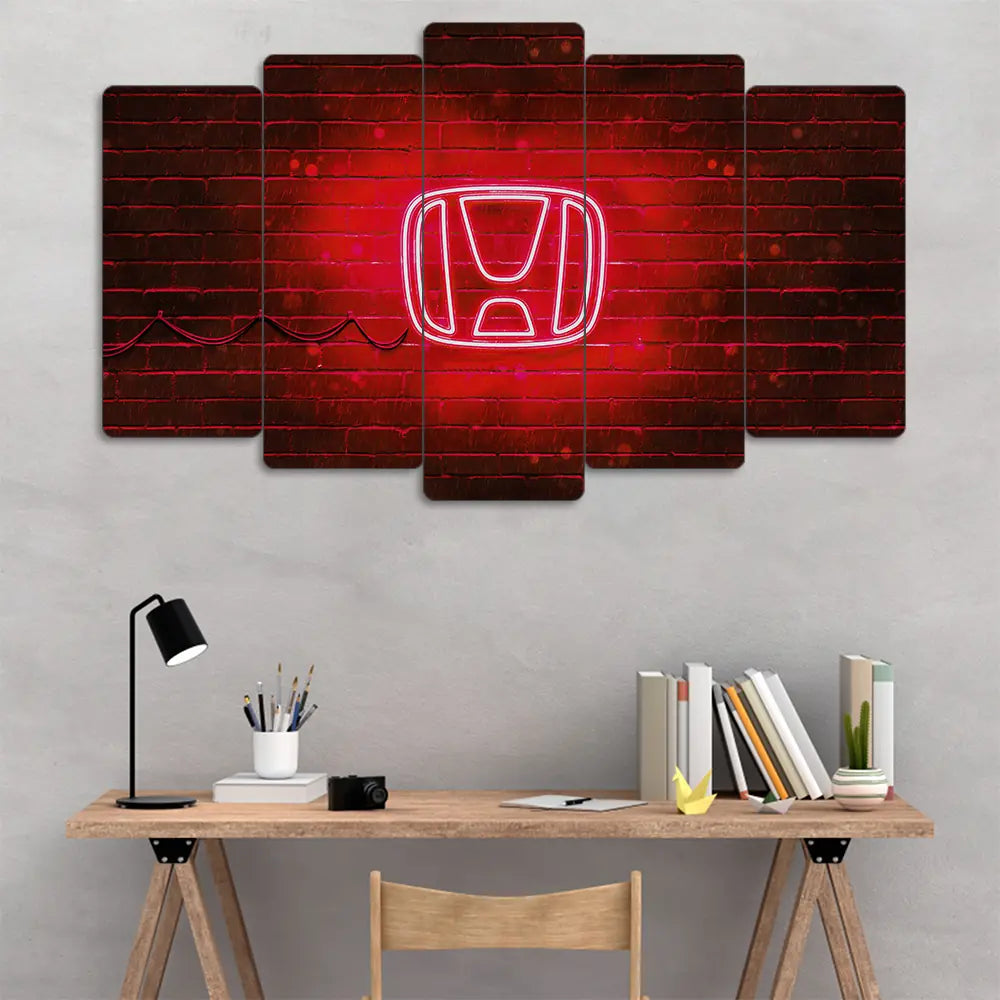 Honda Logo Neon Kırmızı - 5 Parçalı Araba Tablo