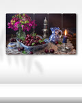 Kiraz Tabağı, Mum, Çiçek, Kitap - 5 Parçalı Tablo