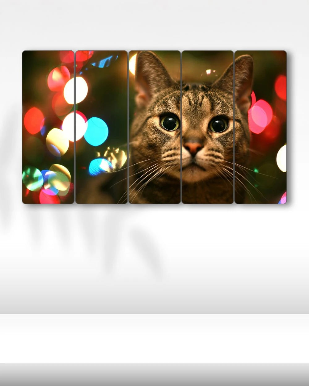 Renkli Işıkları İçinde Kedi - 5 Parçalı Tablo