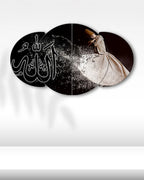 Semazen ve Allah Yazısı Siyah Zemin - 4 Parçalı Dini Tablo